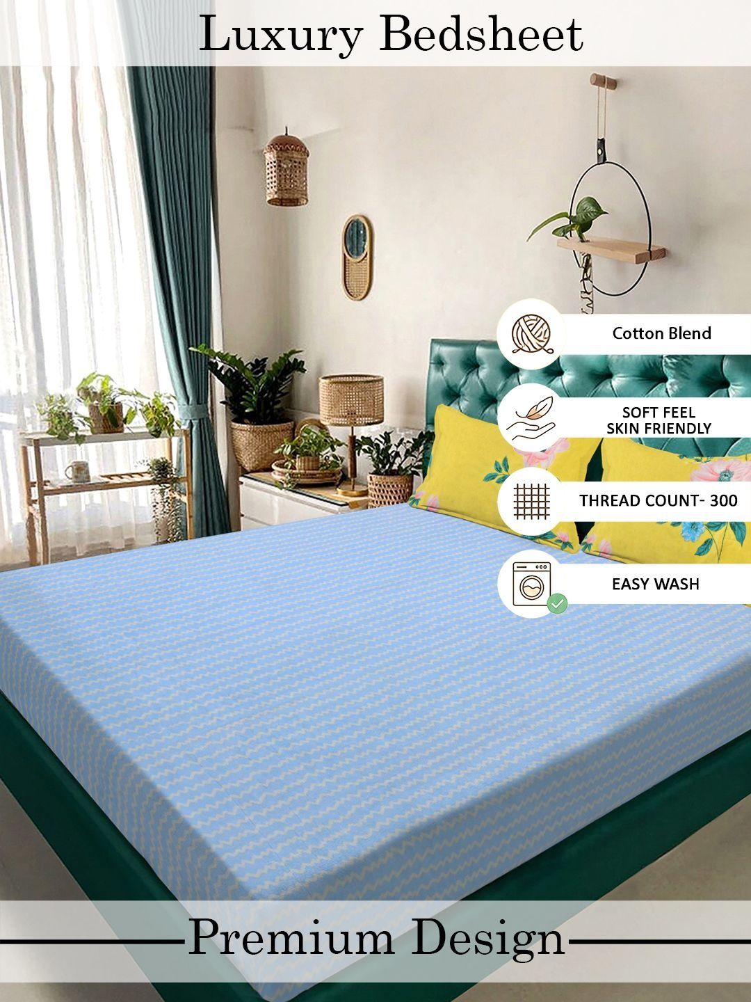 Myntra Elegant Homes Blue Abstract 300 TC Double Bedsheet & 2 Pillow Covers 98''X 88''
