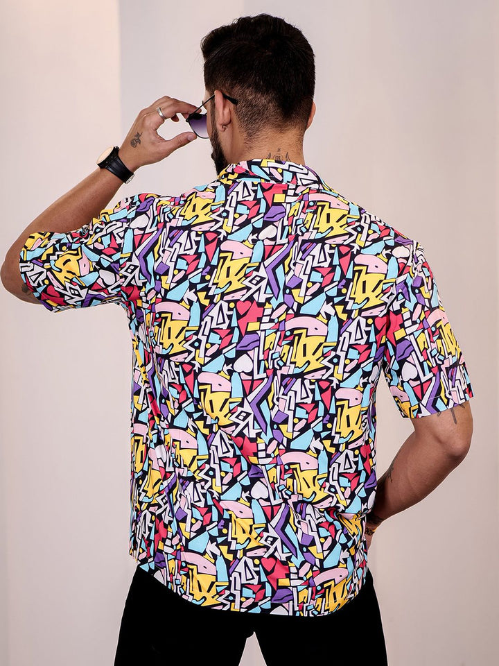 Eszett Men Abstract Printed Cuban Collar Casual Shirt