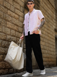 Eszett Abstract Printed Spread Collar Short Sleeves Regular Fit Cotton Linen Casual Shirt