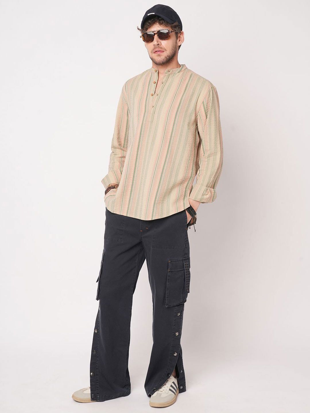 VASTRADO Men Striped Band Collar Straight Cotton Kurta