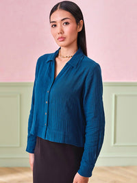 AND Women Solid Shirt Collar Cotton Top
