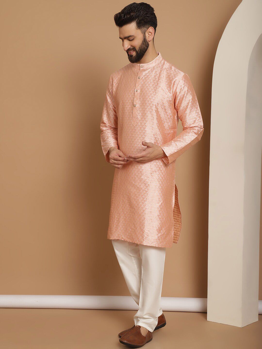 Anouk Ethnic Motifs Mandarin Collar Knee Length Regular Kurta with Churidar