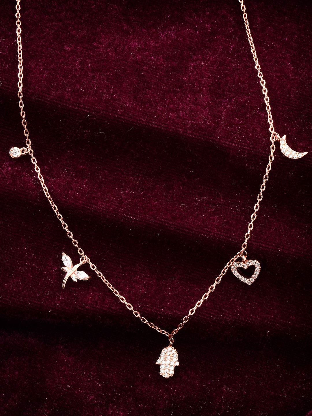 PANASH 925 Sterling Silver Rose Gold-Plated CZ-Studded 5 Charms Necklace