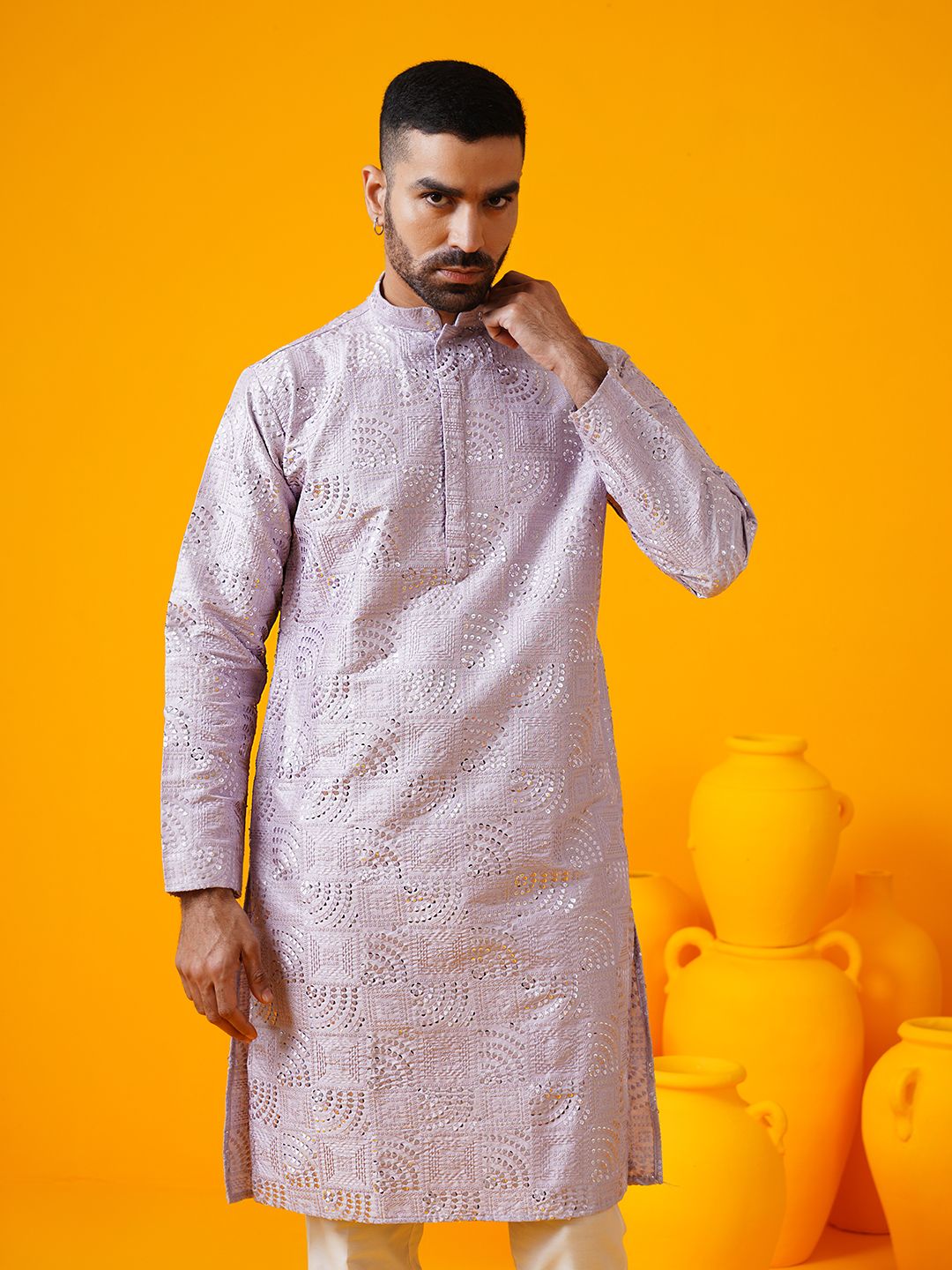 SOJANYA LUXE Geometric Embroidered Mandarin Collar Cotton Silk Straight Kurta With Trouser