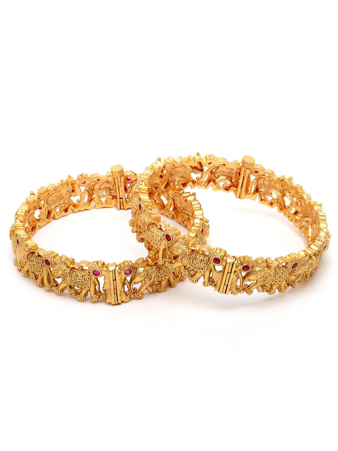 KARATCART Set Of 2 Gold-Plated & Pink Stones-Studded Rajwadi Temple Bangles