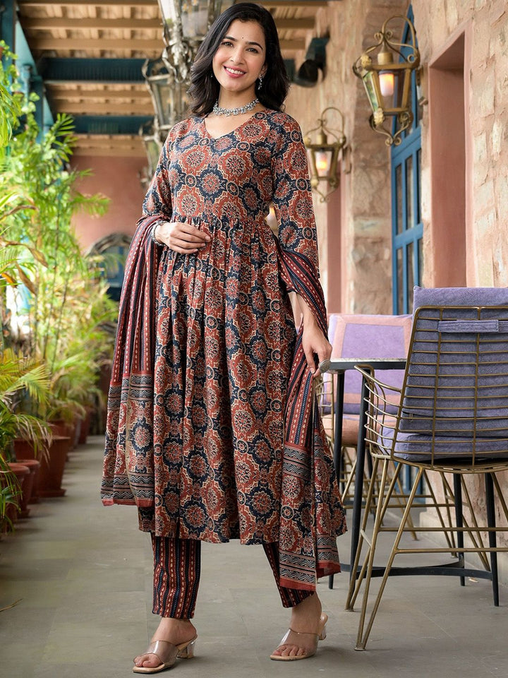 KALINI Ethnic Motifs Printed V-Neck Thread Work A-Line Kurta With Trousers & Dupatta