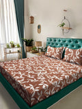Aura Brown Floral Cotton 300 TC King Fine Bedsheet with 2 Pillow Covers-98 x 89 inches