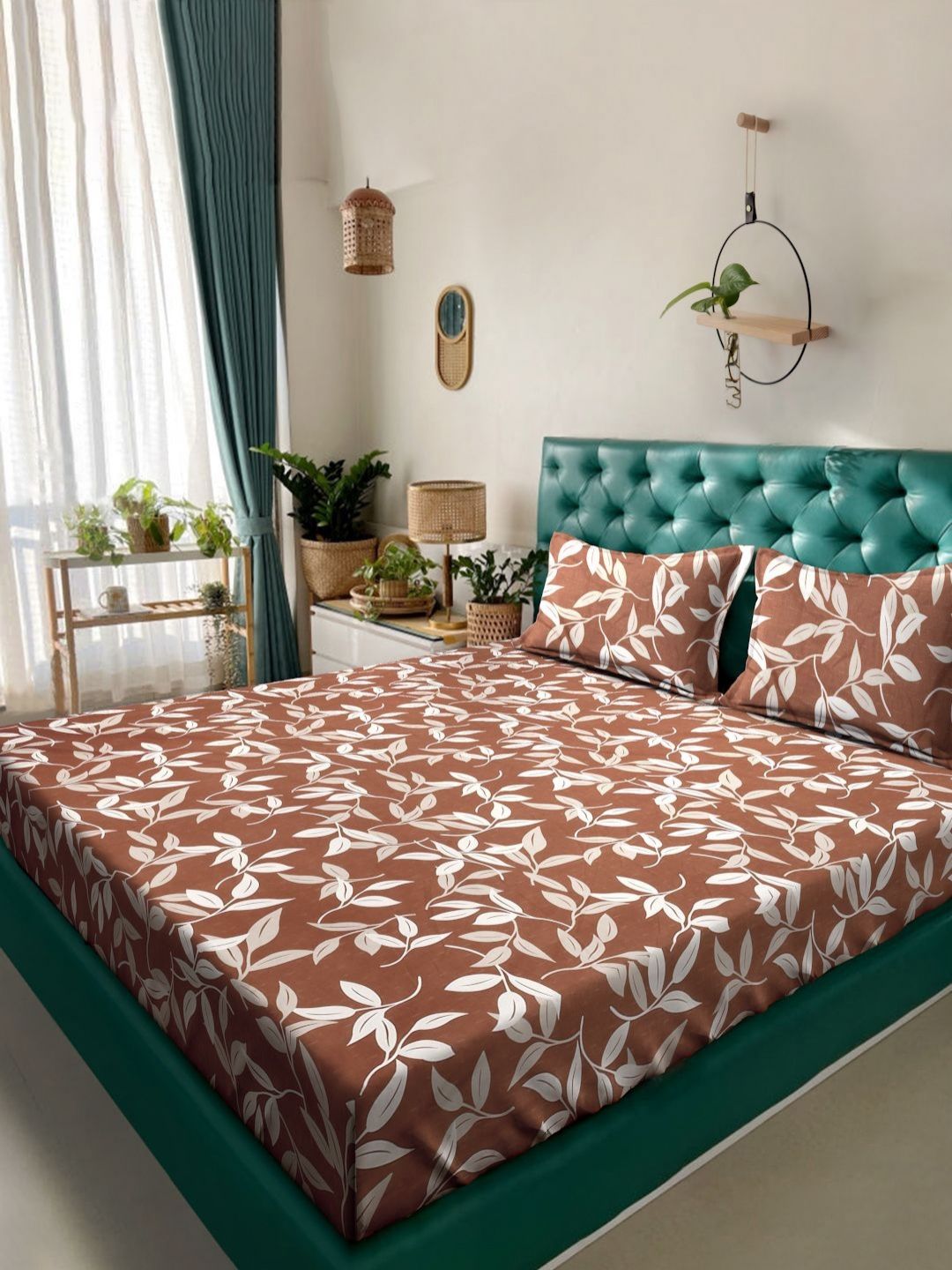 Aura Brown Floral Cotton 300 TC King Fine Bedsheet with 2 Pillow Covers-98 x 89 inches