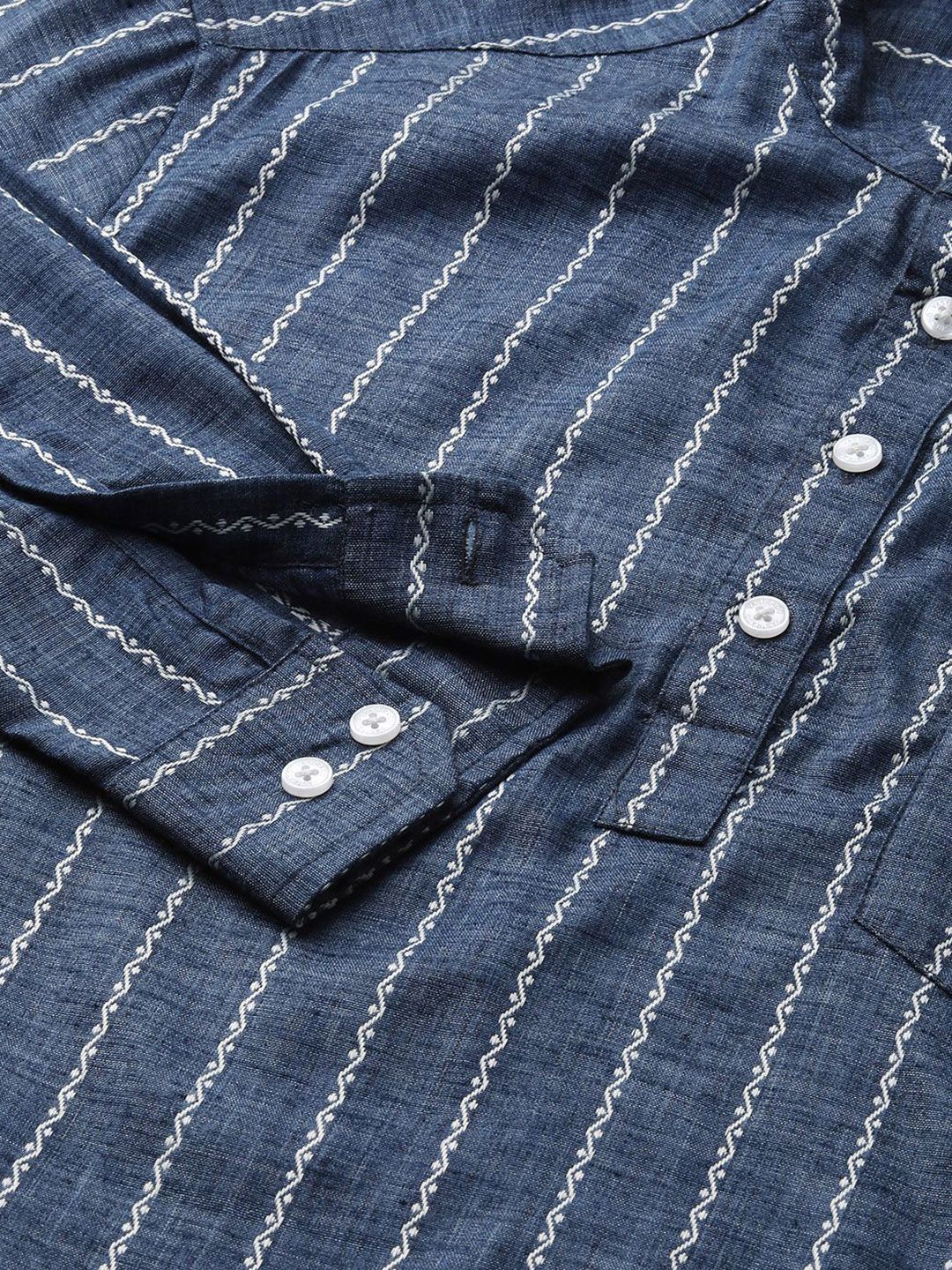 VASTRADO Striped Mandarin Collar Dobby Weave Cotton Short Kurta