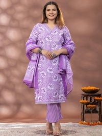 Mamicha Floral Printed Mirror Work Straight Kurta With Palazzo & Dupatta