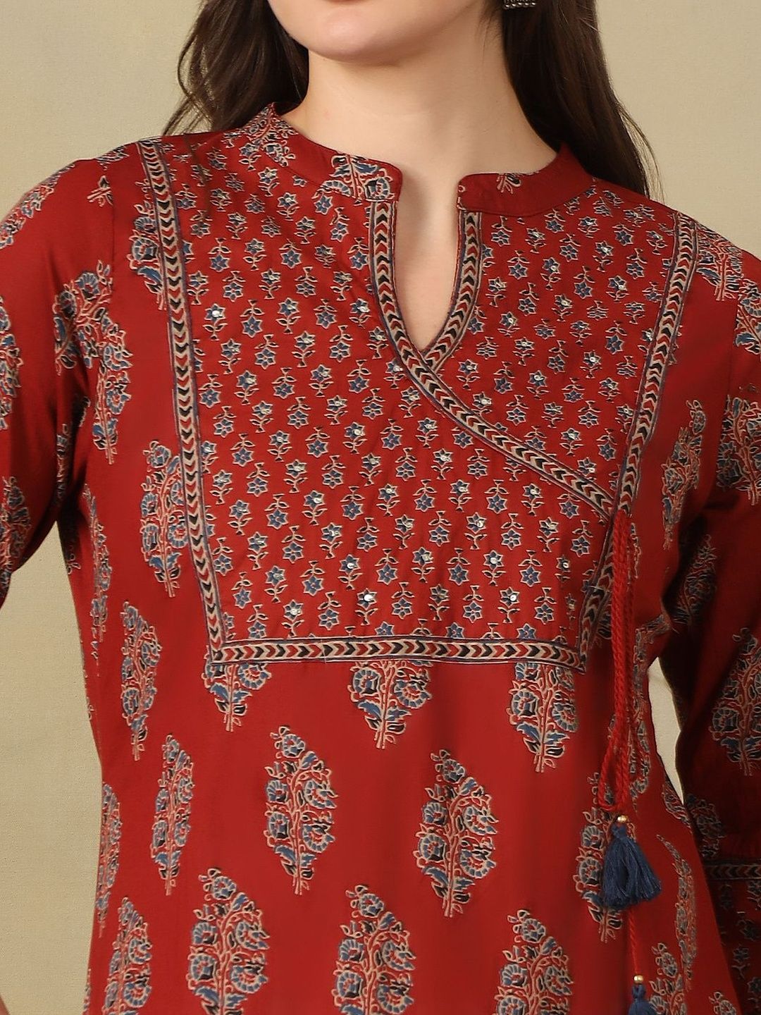 Mamicha Women Ethnic Motifs Printed Angrakha Mirror Work Pure Cotton Kurta with Trousers & With Dupatta