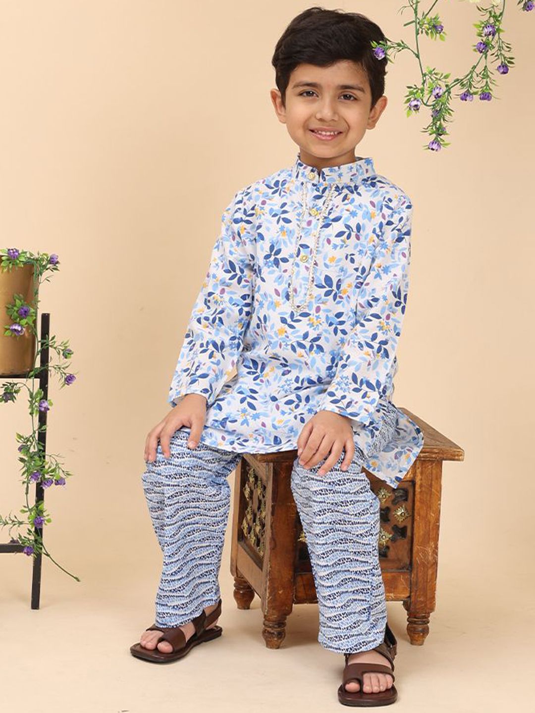 Cutiekins Boys Floral Printed Band Collar Straight Kurta With Trousers