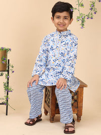 Cutiekins Boys Floral Printed Band Collar Straight Kurta With Trousers