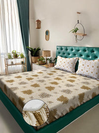 KLOTTHE Yellow Floral Printed Fitted 400 TC King Bedsheet with 2 Pillow Covers