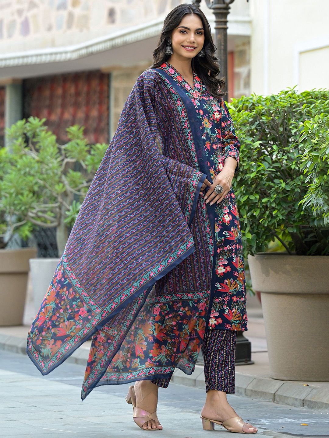 KALINI Floral Printed Thread Work Straight Kurta With Trousers & Dupatta