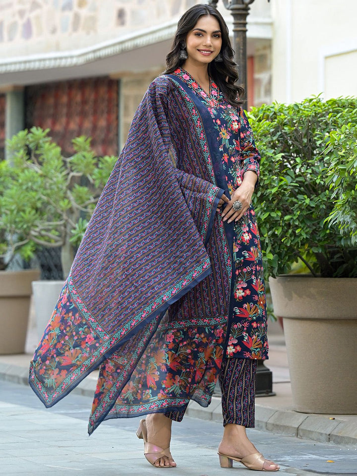 KALINI Floral Printed Thread Work Straight Kurta With Trousers & Dupatta