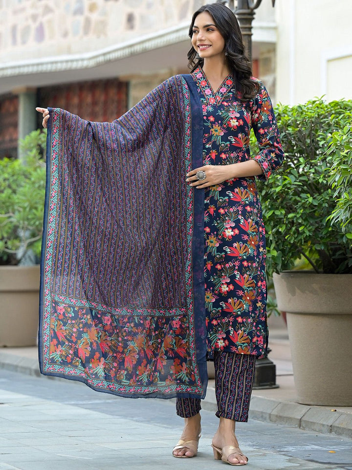 KALINI Floral Printed Thread Work Straight Kurta With Trousers & Dupatta