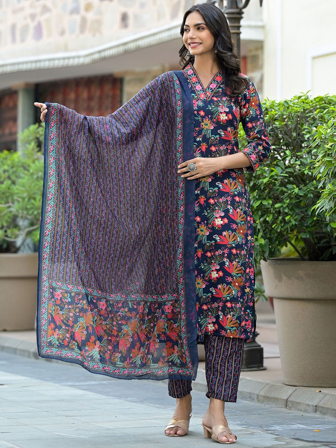 KALINI Floral Printed Thread Work Straight Kurta With Trousers & Dupatta