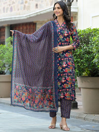 KALINI Floral Printed Thread Work Straight Kurta With Trousers & Dupatta