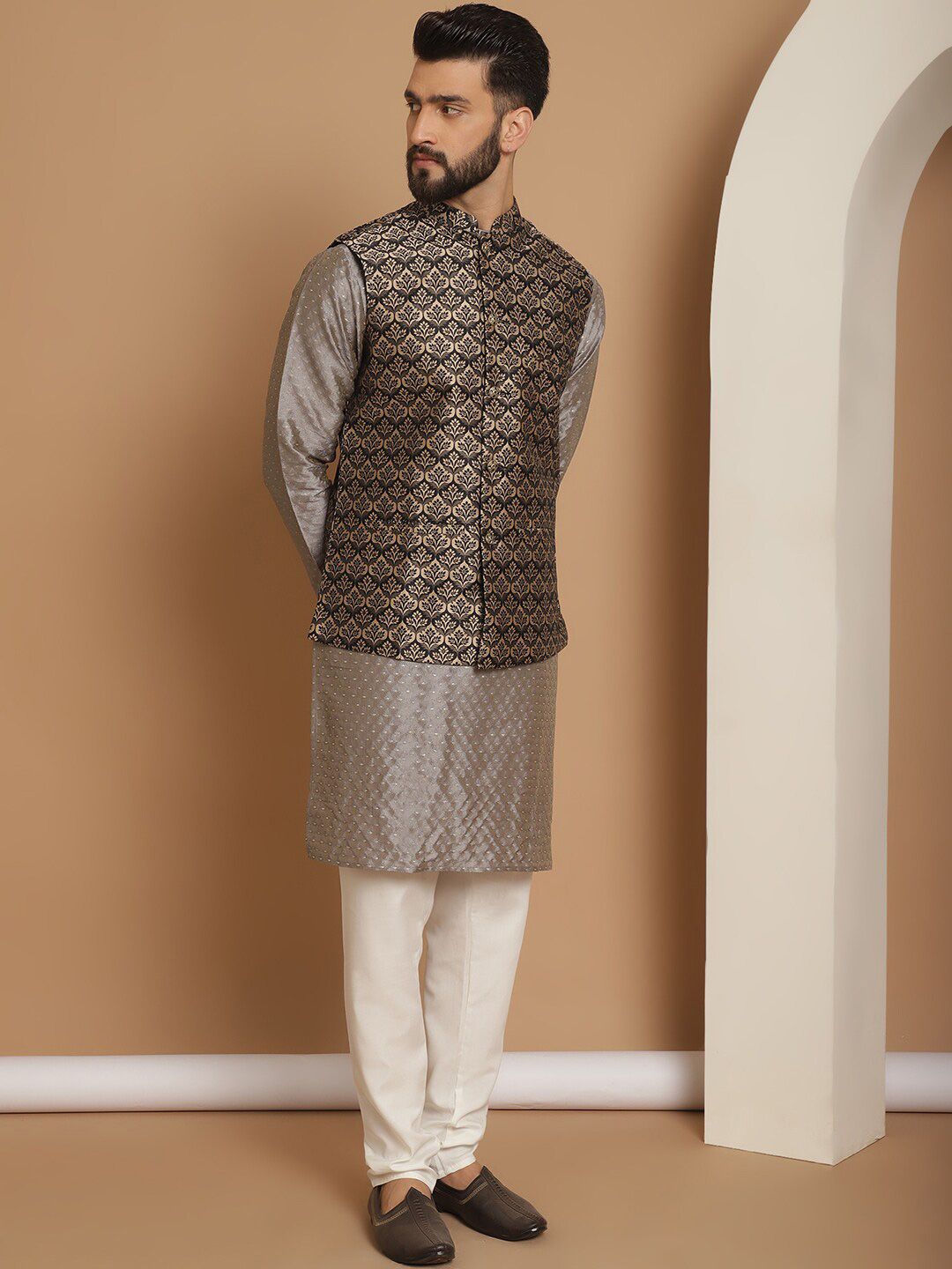 Anouk Woven Design Regular Kurta With Churidar & Nehru jacket