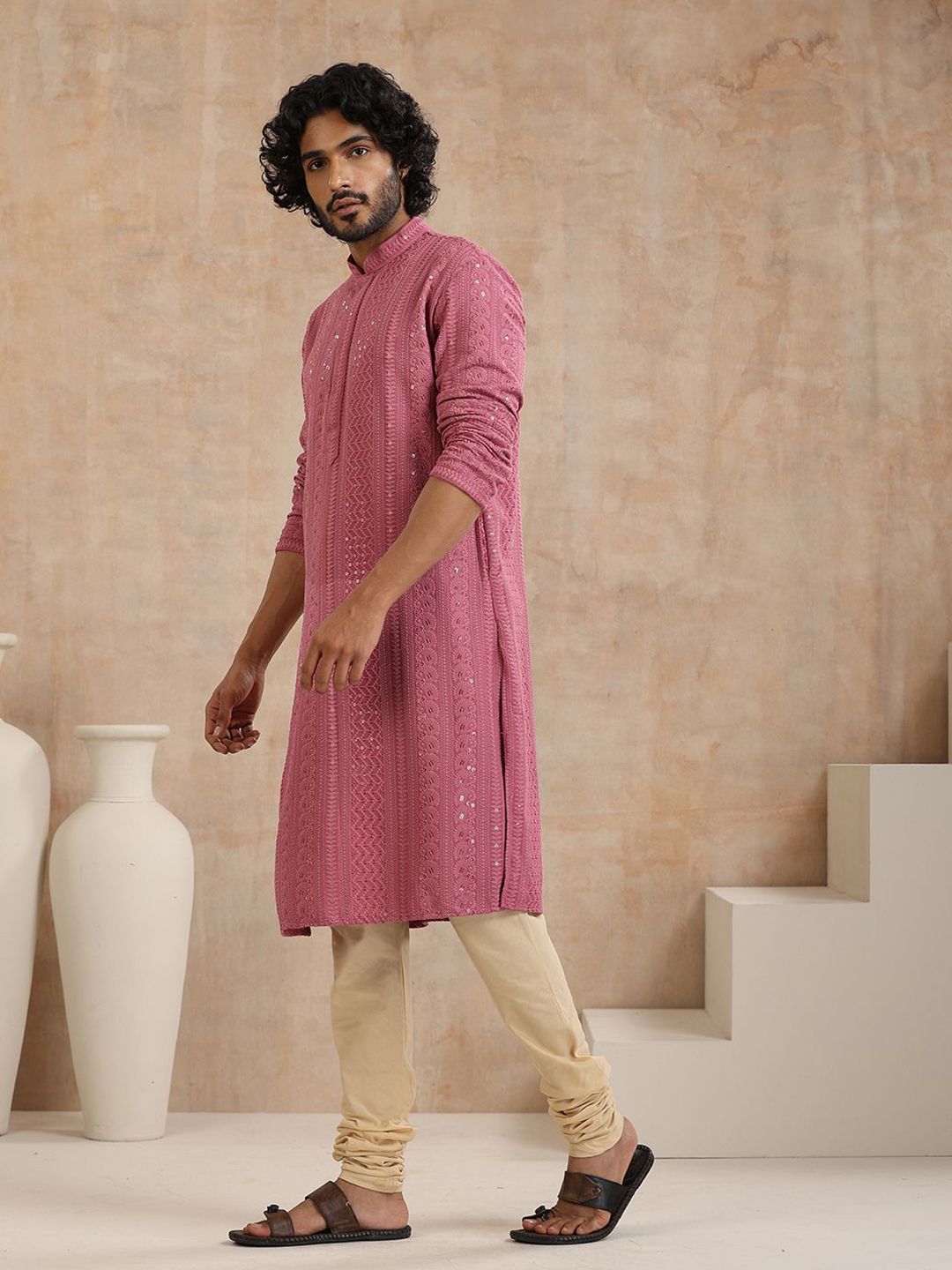 House of Chikankari Men Mauve Rayon Sulam Kurta