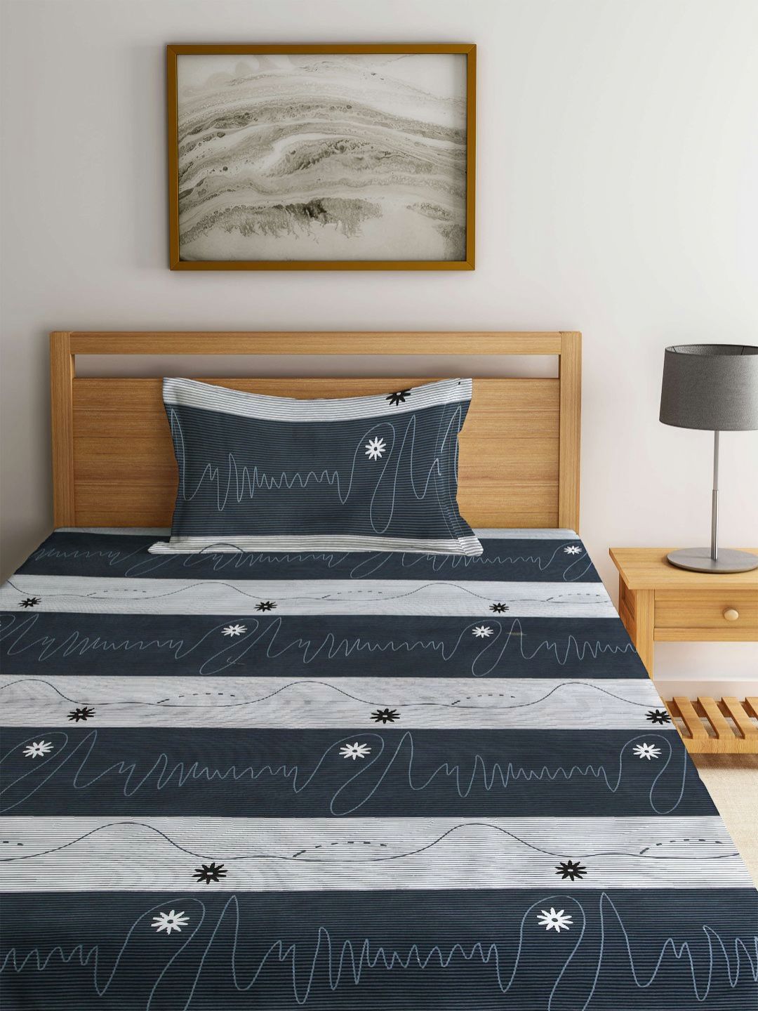Myntra Elegant Homes Black & Grey Striped 300 TC Single Bedsheet Set-2.2 mX1.5 m
