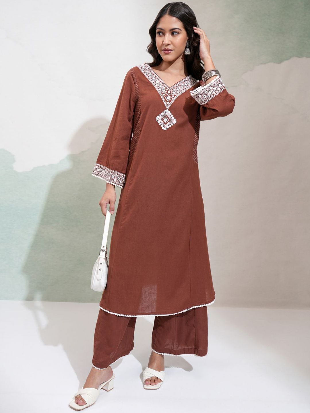 Vishudh Floral Embroidered V-Neck Panelled Mirror Work Kurta With Palazzos