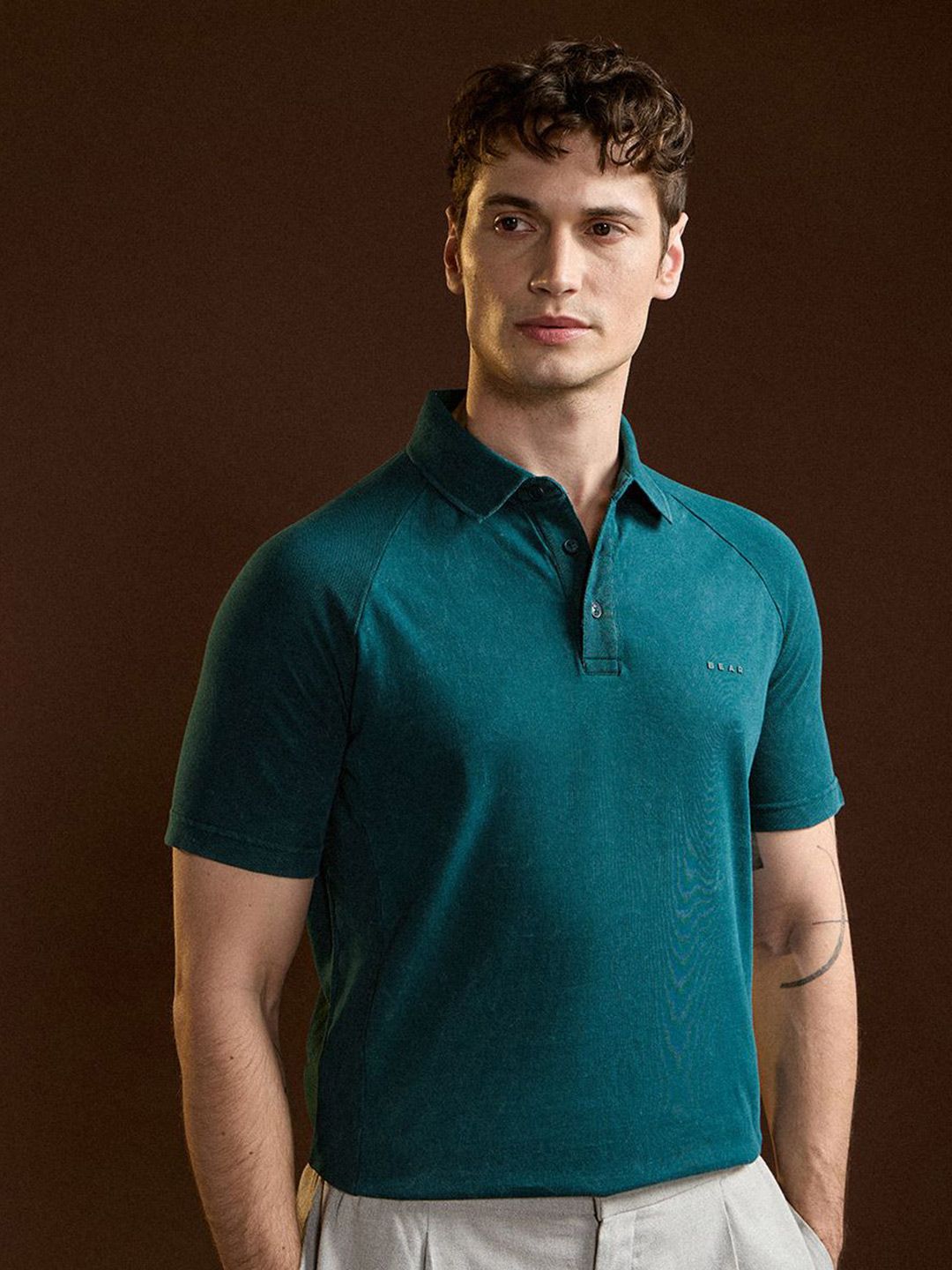 THE BEAR HOUSE Men Regular Fit Solid Polo Collar Cotton T-shirt
