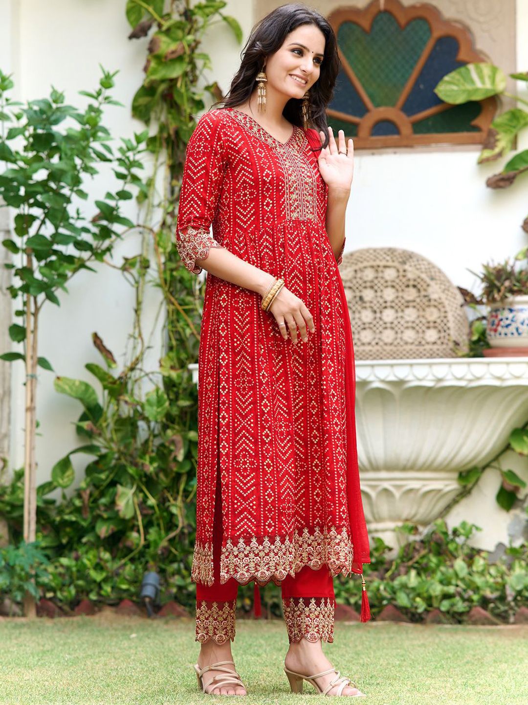 KALINI Women Bandhani Embroidered Panelled Sequinned Kurta with Trousers & With Dupatta