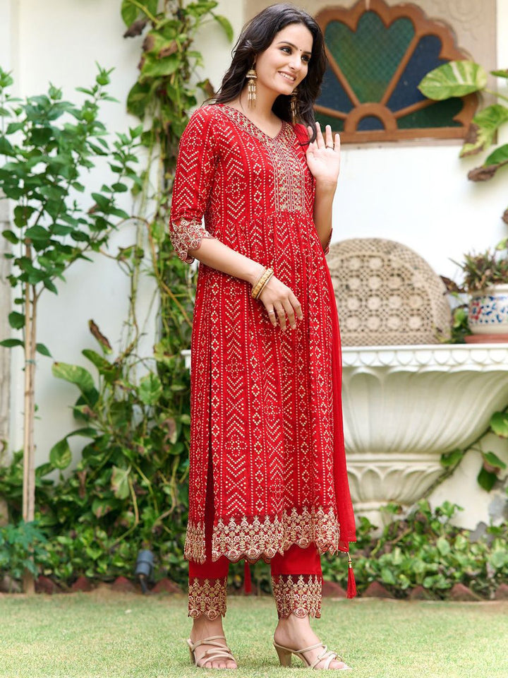 KALINI Women Bandhani Embroidered Panelled Sequinned Kurta with Trousers & With Dupatta