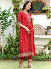 KALINI Women Bandhani Embroidered Panelled Sequinned Kurta with Trousers & With Dupatta