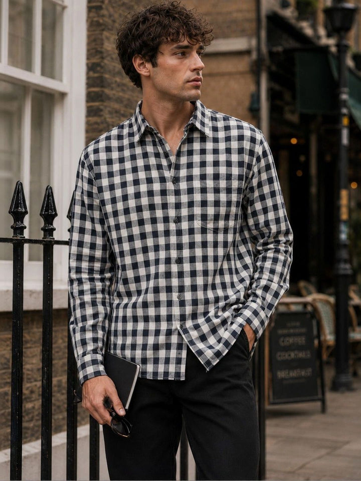 Eszett Gingham Checked Spread Collar Baju Poket Kapas Tulen
