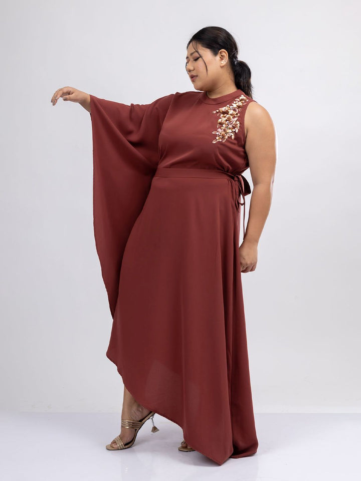 Mamicha Solid Flared Sleeve Crepe Empire Maxi Dress