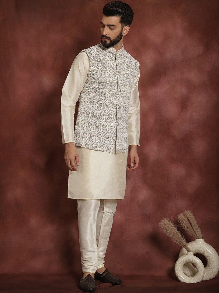 Anouk Men Geometric Embroidered Thread Work Straight Kurta With Churidar & Nehru Jacket