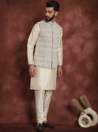 Anouk Men Geometric Embroidered Thread Work Straight Kurta With Churidar & Nehru Jacket