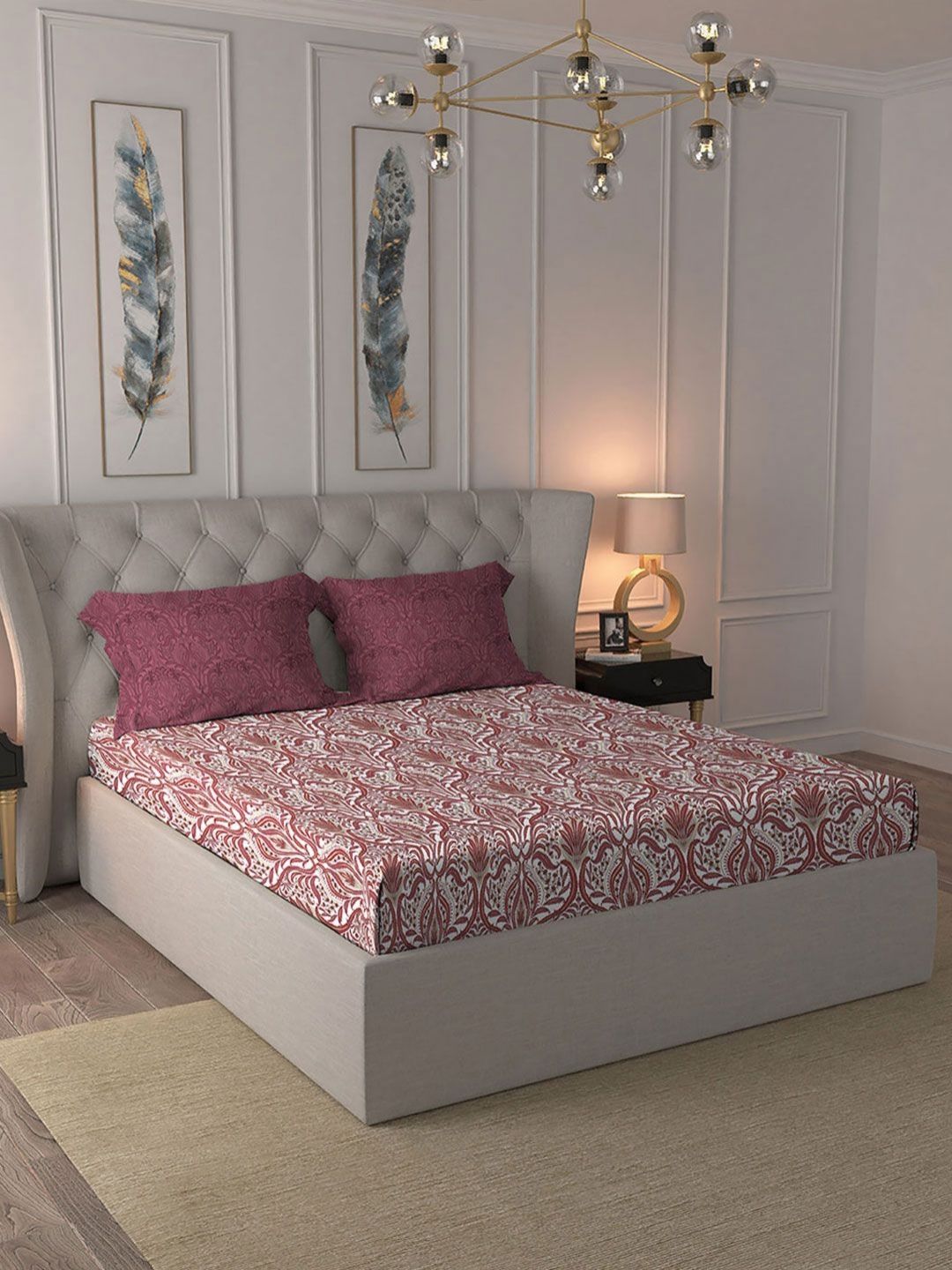 MYTRIDENT Gulnaz Red Celebration Flat 144TC Queen Cotton 1 Bedsheet with 2 Pillow Covers