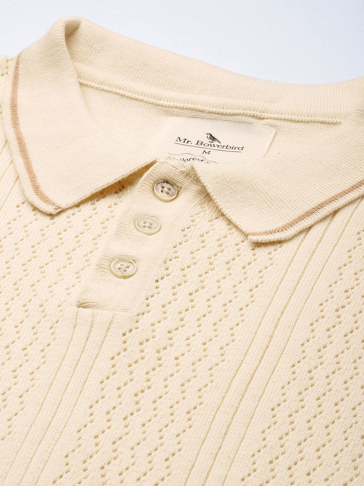 Mr Bowerbird Men Self Designed Polo Collar Pure Cotton Tailored Winter T-shirt