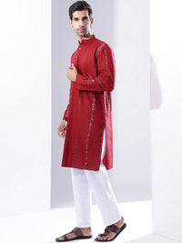 Anouk Men Sulam Kurta Kapas Tulen dengan Piyama & jaket Nehru