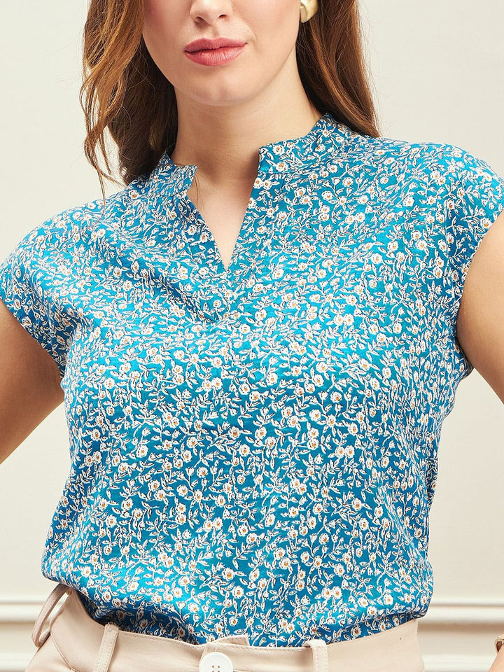 Berrylush Women Floral Print Mandarin Collar Extended Sleeves Top