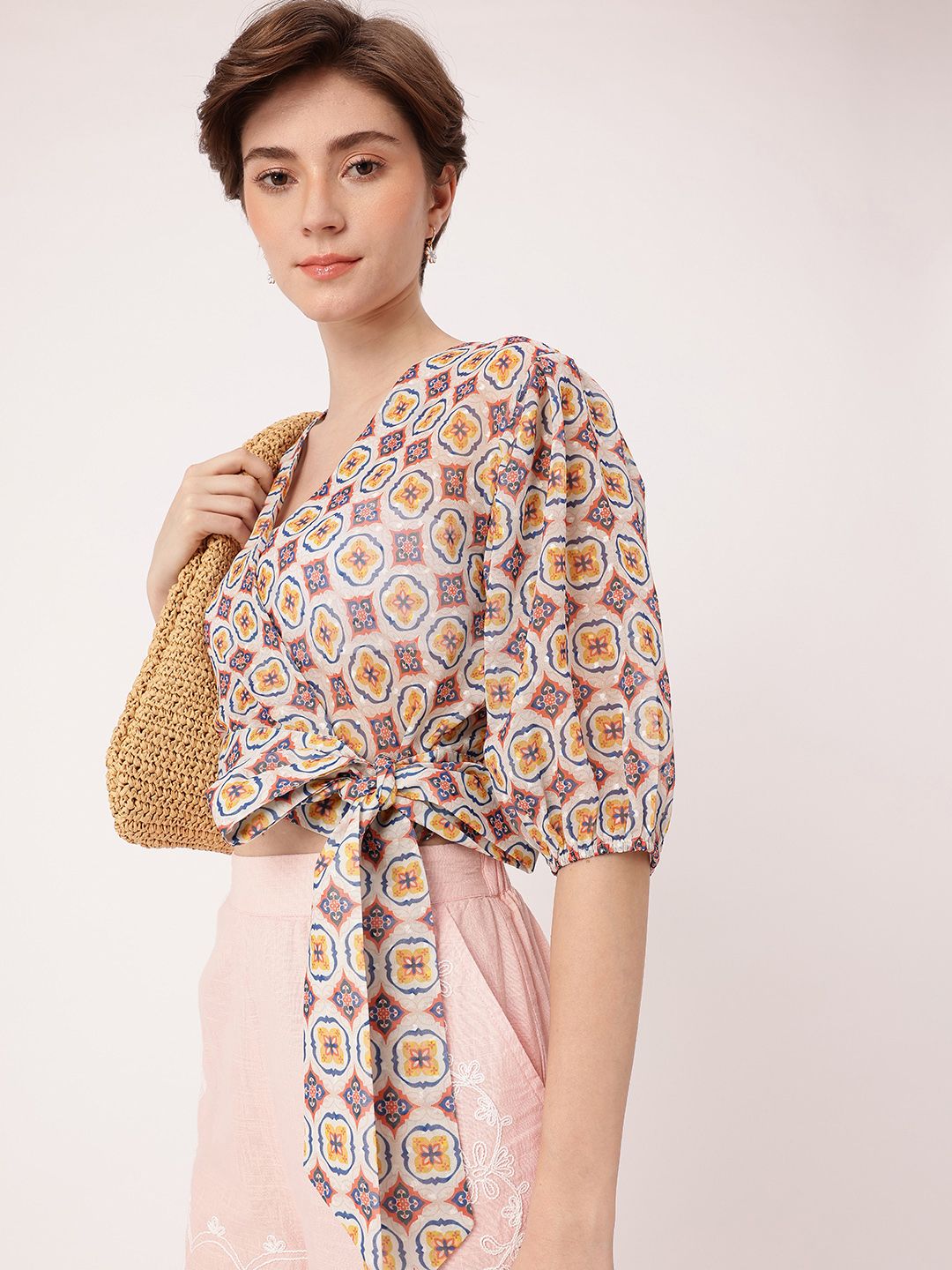 DressBerry Stylish Heritage Print Semi Sheer Crop Wrap Top With Inner Slip
