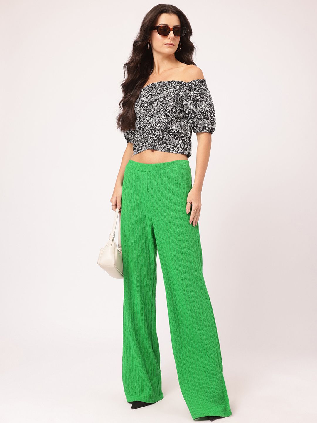DressBerry Printed Ruched Bardot Crop Top