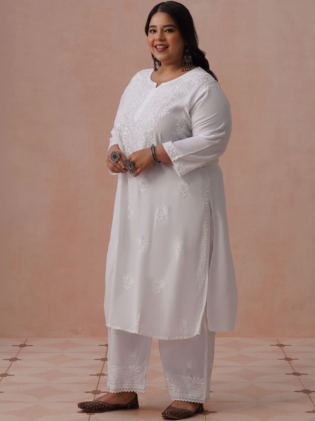 House of Chikankari Ethnic Motifs Viscose Rayon Straight Calf Length Kurta