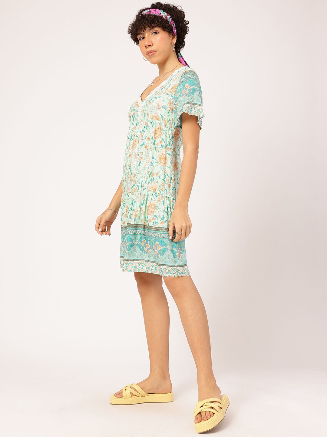 DressBerry Floral Frenzy Printed Lace Inserts Tiered Sheath Dress