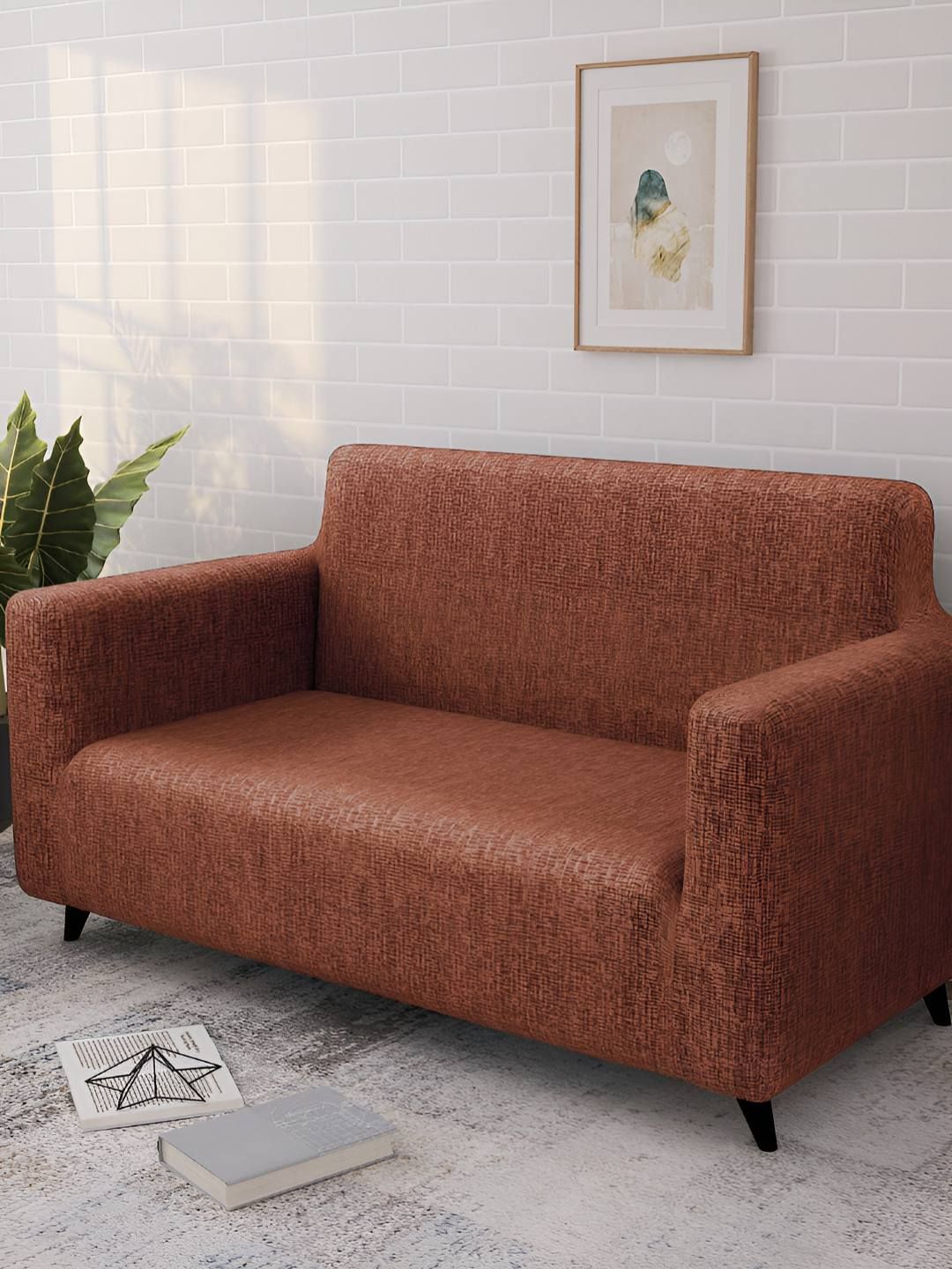Story@home Brown Printed 2 Seater Stretchable Sofa Cover With Arms