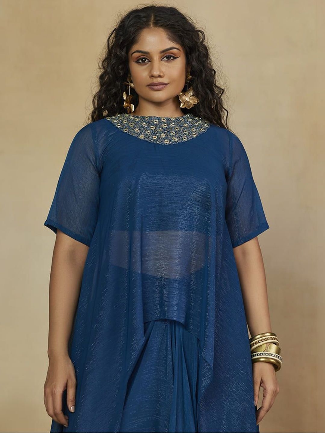 Mamicha Embroidered Round Neck Crop Top With Cape & Skirt Co-Ords Set