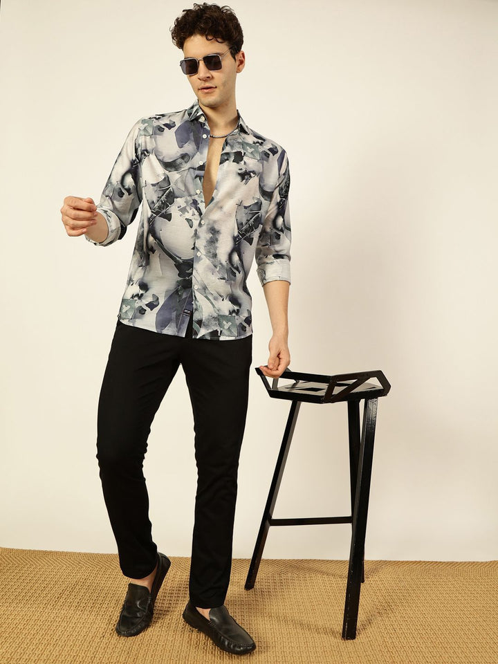 Thomas Scott Men Premium Spread Collar Abstract Printed Cotton Slim Fit Casual Shirt
