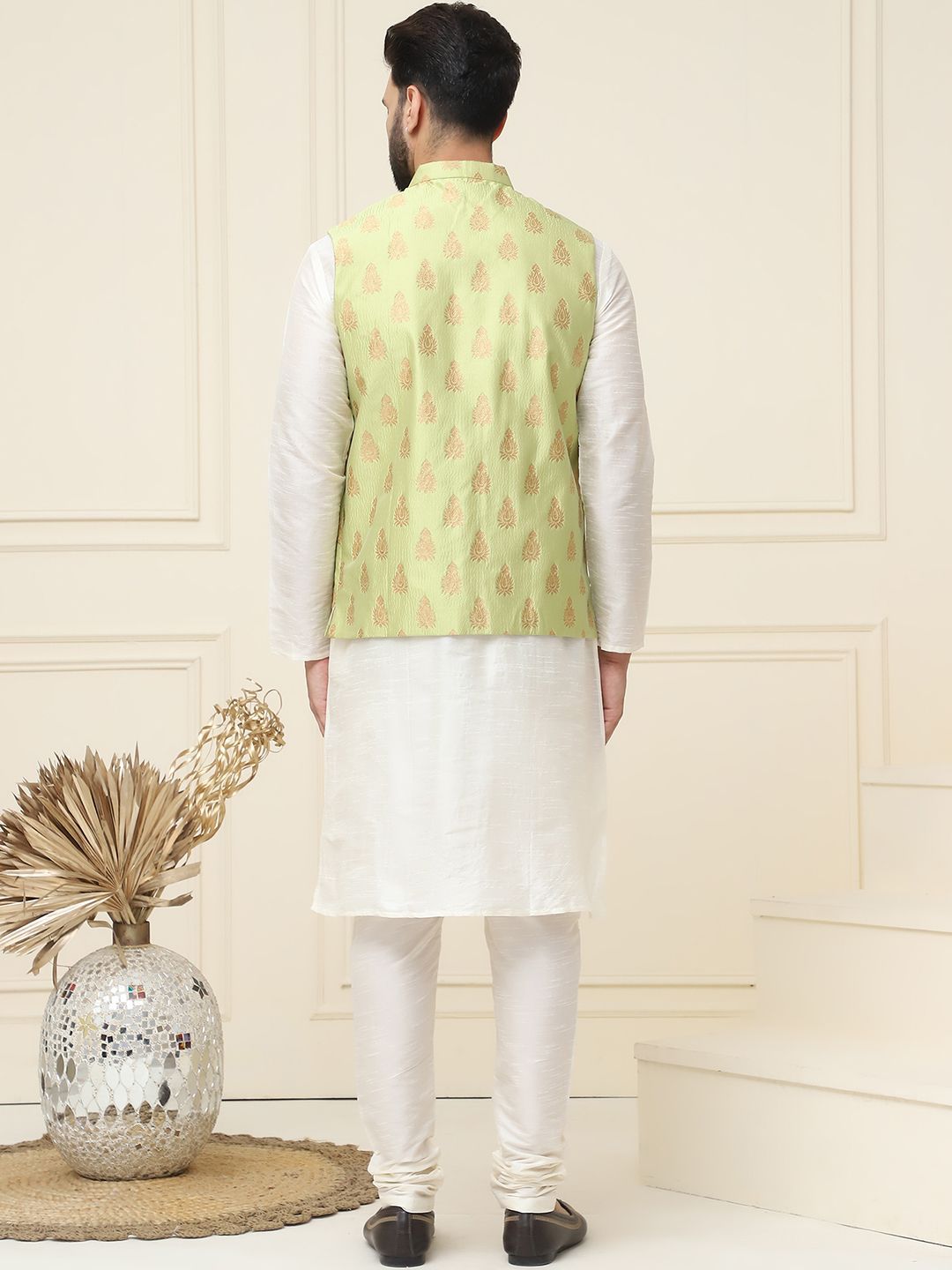 SOJANYA Mandarin Collar Silk Cotton Straight Kurta with Churidar & Nehru jacket