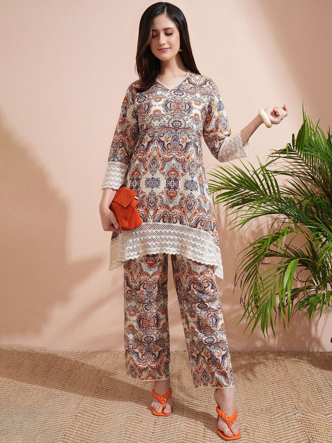 Vishudh Yellow Printed V-Neck Three-Quarter Sleeves Pure Cotton Top With Trouser