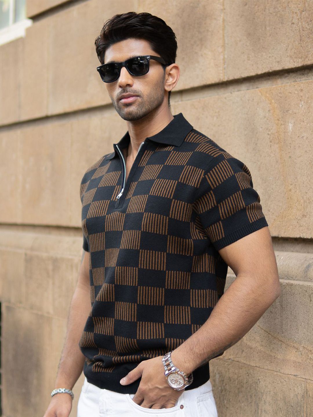 Powerlook Men Checked Polo Collar T-shirt