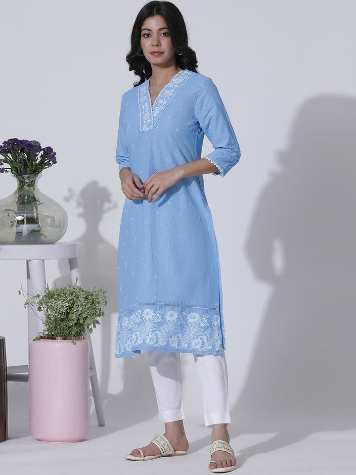 W Floral Embroidered V-Neck Cotton Straight Kurta